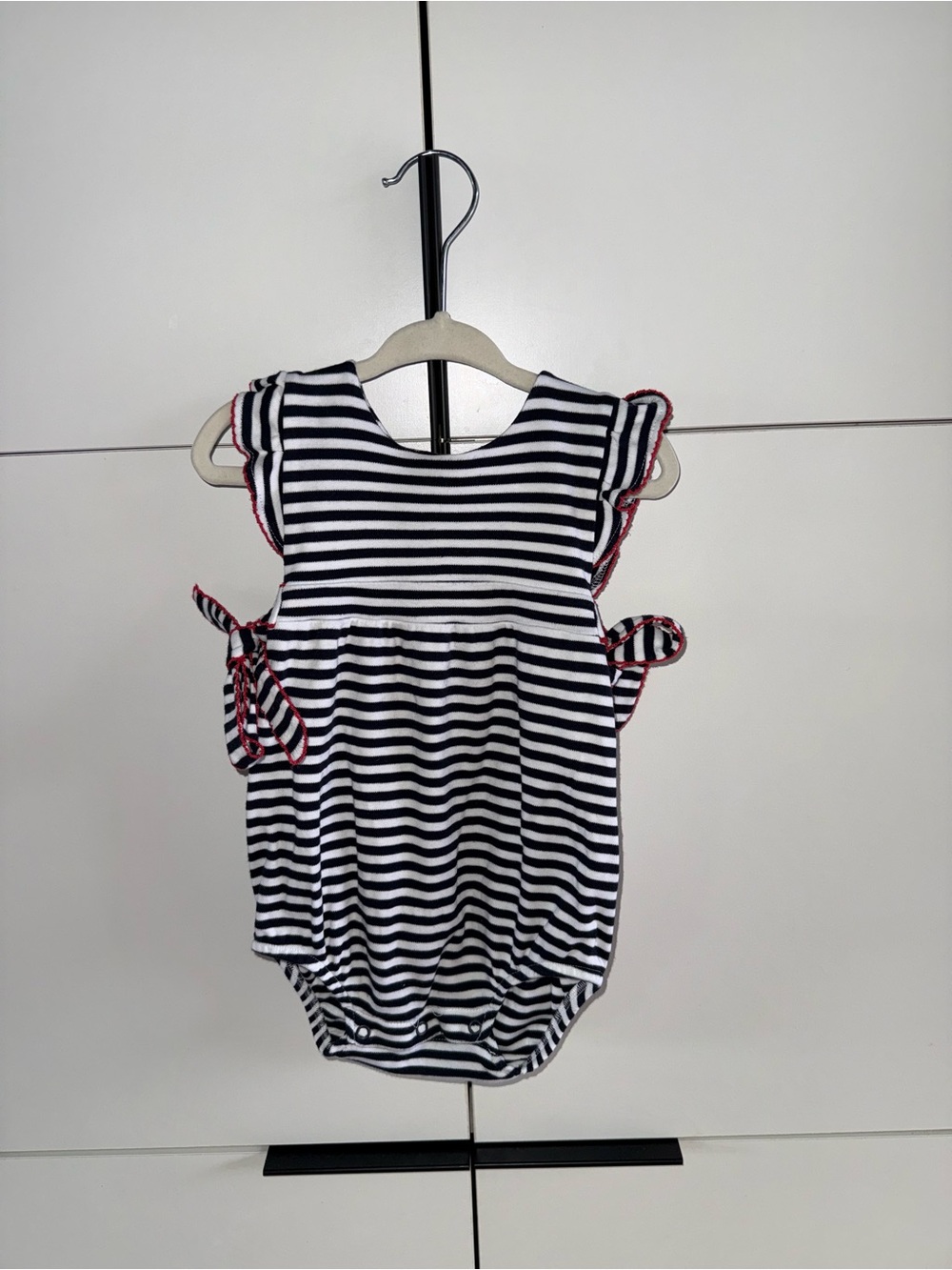 Like-new Bella Bliss Pima Striped Navy & White Baby Romper with Red Trim